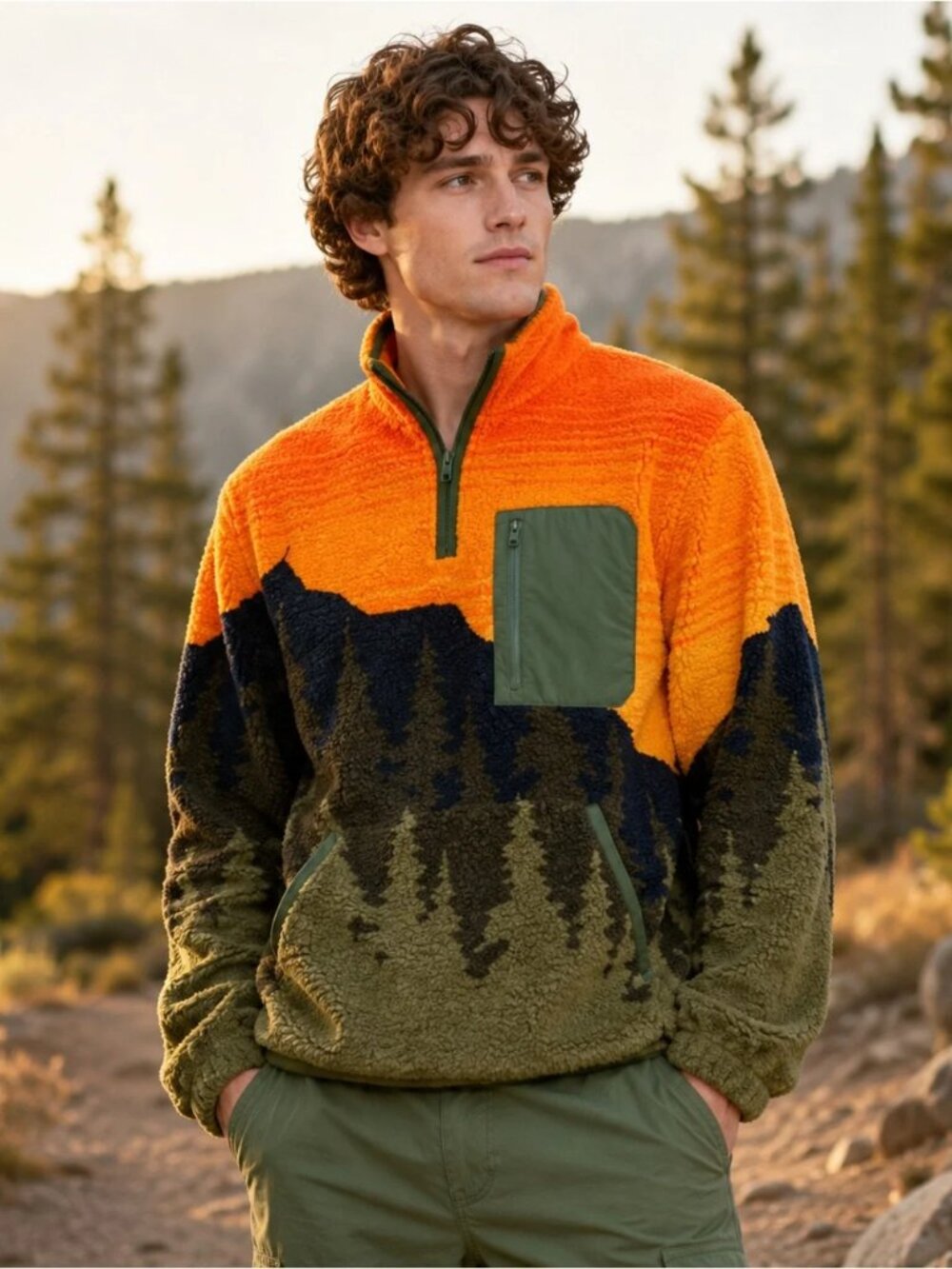 SUN + STONE Men's Terrain Sherpa Fleece Quarter Zip Sweatshirt Green/Orange S